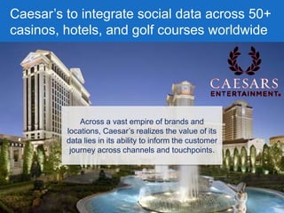 Caesar‘s to integrate social data across 50+
casinos, hotels, and golf courses worldwide
Across a vast empire of brands and
locations, Caesar‘s realizes the value of its
data lies in its ability to inform the customer
journey across channels and touchpoints.
 