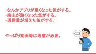 ・なんかアプリが重くなった気がする。
・端末が熱くなった気がする。
・通信量が増えた気がする。
やっぱり動画等は考慮が必要。
 