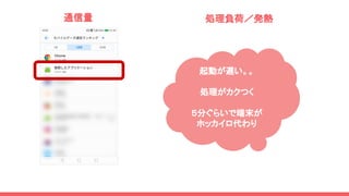 起動が遅い。。
処理がカクつく
５分ぐらいで端末が
ホッカイロ代わり
通信量 処理負荷／発熱
 