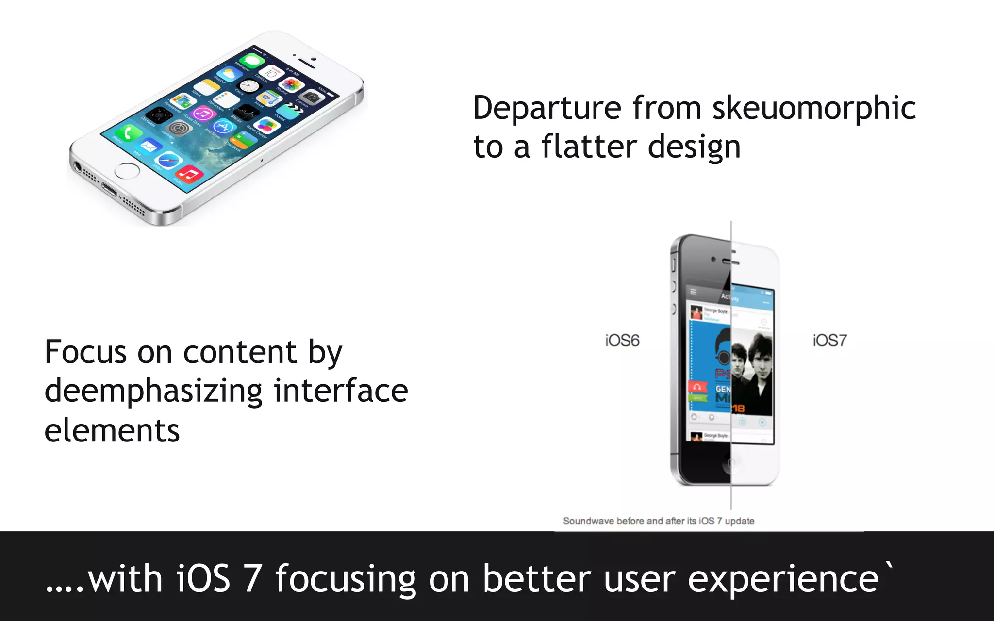Departure from skeuomorphic
to a flatter design

Focus on content by
deemphasizing interface
elements

….with iOS 7 focusing on better user experience`

 