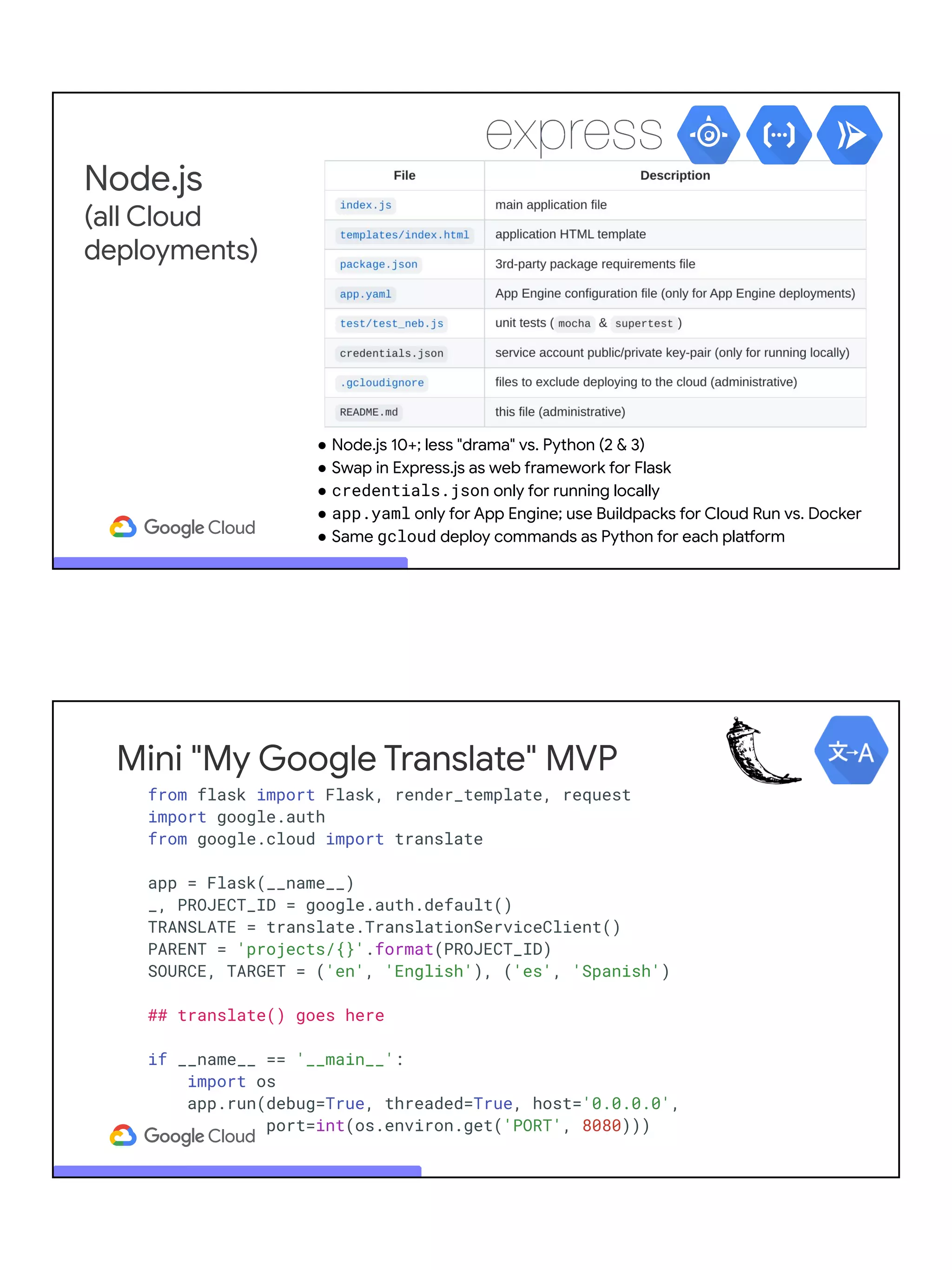Node.js
(all Cloud
deployments)
● Node.js 10+; less "drama" vs. Python (2 & 3)
● Swap in Express.js as web framework for Flask
● credentials.json only for running locally
● app.yaml only for App Engine; use Buildpacks for Cloud Run vs. Docker
● Same gcloud deploy commands as Python for each platform
Mini "My Google Translate" MVP
from flask import Flask, render_template, request
import google.auth
from google.cloud import translate
app = Flask(__name__)
_, PROJECT_ID = google.auth.default()
TRANSLATE = translate.TranslationServiceClient()
PARENT = 'projects/{}'.format(PROJECT_ID)
SOURCE, TARGET = ('en', 'English'), ('es', 'Spanish')
## translate() goes here
if __name__ == '__main__':
import os
app.run(debug=True, threaded=True, host='0.0.0.0',
port=int(os.environ.get('PORT', 8080)))
 