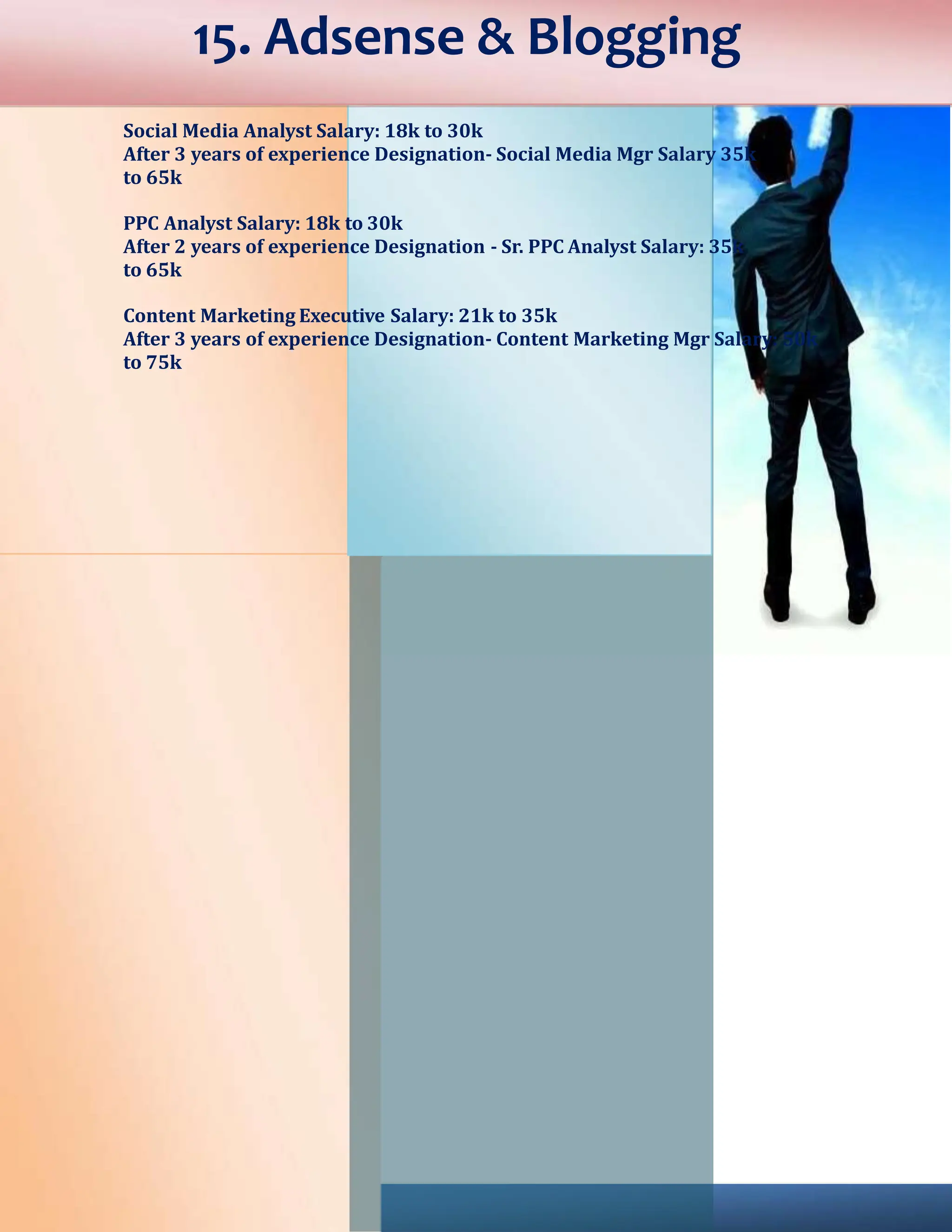 Social Media Analyst Salary: 18k to 30k
After 3 years of experience Designation- Social Media Mgr Salary 35k
to 65k
PPC Analyst Salary: 18k to 30k
After 2 years of experience Designation - Sr. PPC Analyst Salary: 35k
to 65k
Content Marketing Executive Salary: 21k to 35k
After 3 years of experience Designation- Content Marketing Mgr Salary: 50k
to 75k
15. Adsense & Blogging
 