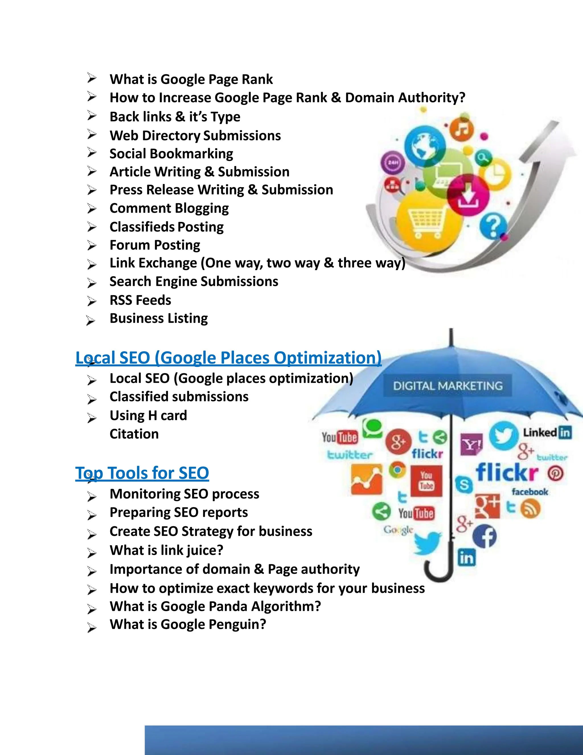 What is Google Page Rank
How to Increase Google Page Rank & Domain Authority?
Back links & it’s Type
Web Directory Submissions
Social Bookmarking
Article Writing & Submission
Press Release Writing & Submission
Comment Blogging
Classifieds Posting
Forum Posting
Link Exchange (One way, two way & three way)
Search Engine Submissions
RSS Feeds
Business Listing
Local SEO (Google Places Optimization)
Local SEO (Google places optimization)
Classified submissions
Using H card
Citation
Top Tools for SEO
Monitoring SEO process
Preparing SEO reports
Create SEO Strategy for business
What is link juice?
Importance of domain & Page authority
How to optimize exact keywords for your business
What is Google Panda Algorithm?
What is Google Penguin?
 