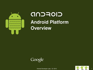10101010101
01010101010                  Android Platform 
10101010101
01010101010
                             Overview




                                                                         
                                              Google confidential and proprietary
                                                     Android Developer Labs ­ Q1 2010   1
 