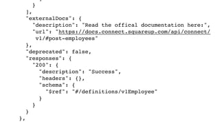 ]
}
],
"externalDocs": {
"description": "Read the offical documentation here:",
"url": "https://docs.connect.squareup.com/api/connect/
v1/#post-employees"
},
"deprecated": false,
"responses": {
"200": {
"description": "Success",
"headers": {},
"schema": {
"$ref": "#/definitions/v1Employee"
}
}
}
},
 
