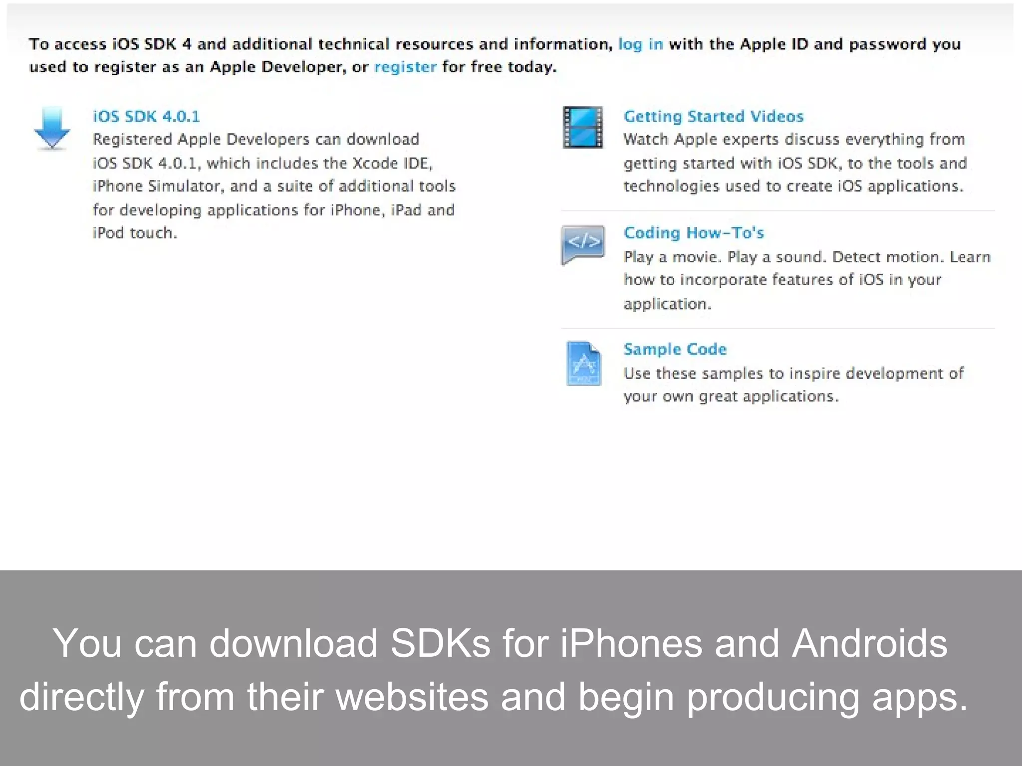 You can download SDKs for iPhones and Androids
directly from their websites and begin producing apps.
 