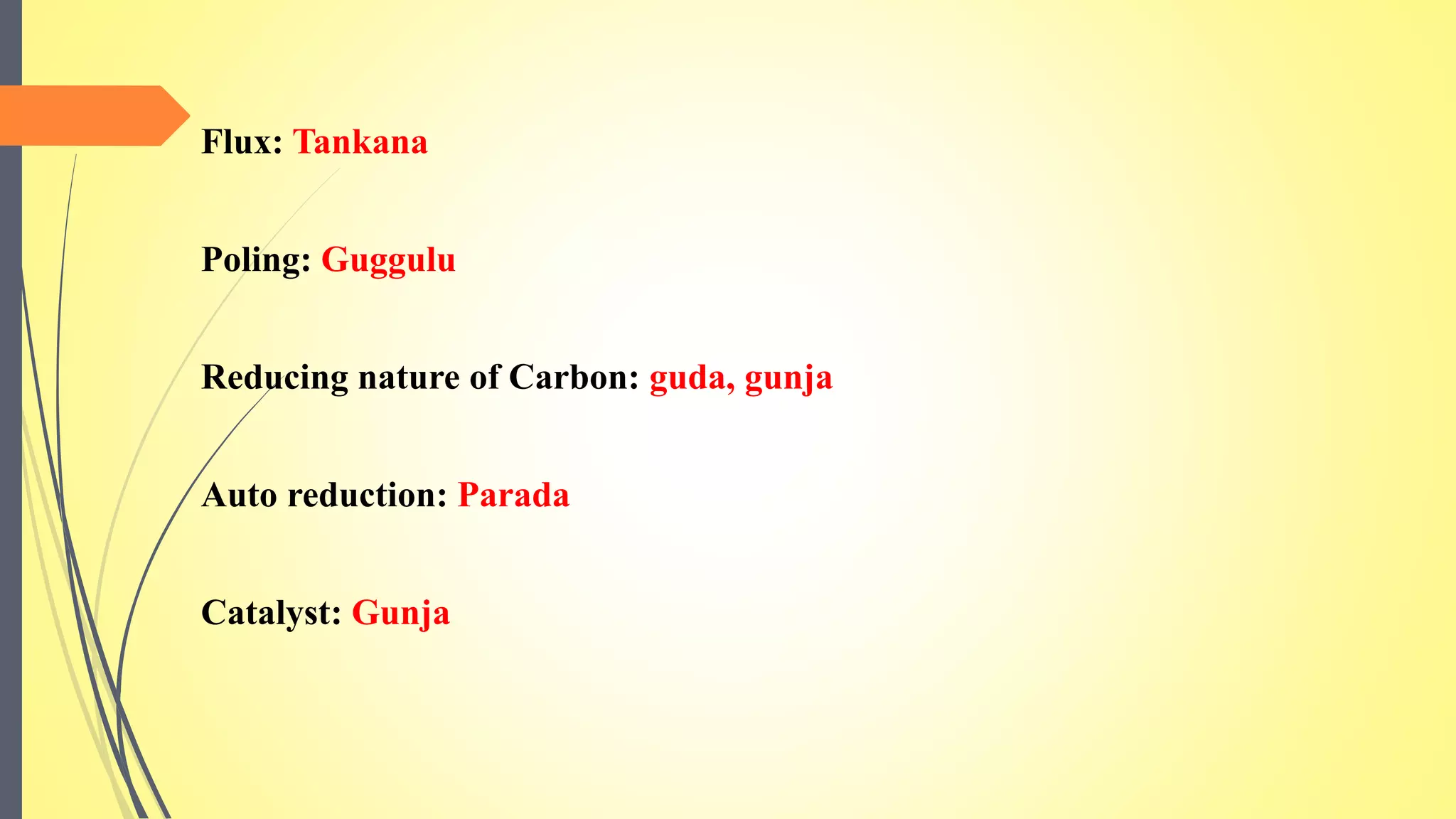 Flux: Tankana
Poling: Guggulu
Reducing nature of Carbon: guda, gunja
Auto reduction: Parada
Catalyst: Gunja
 