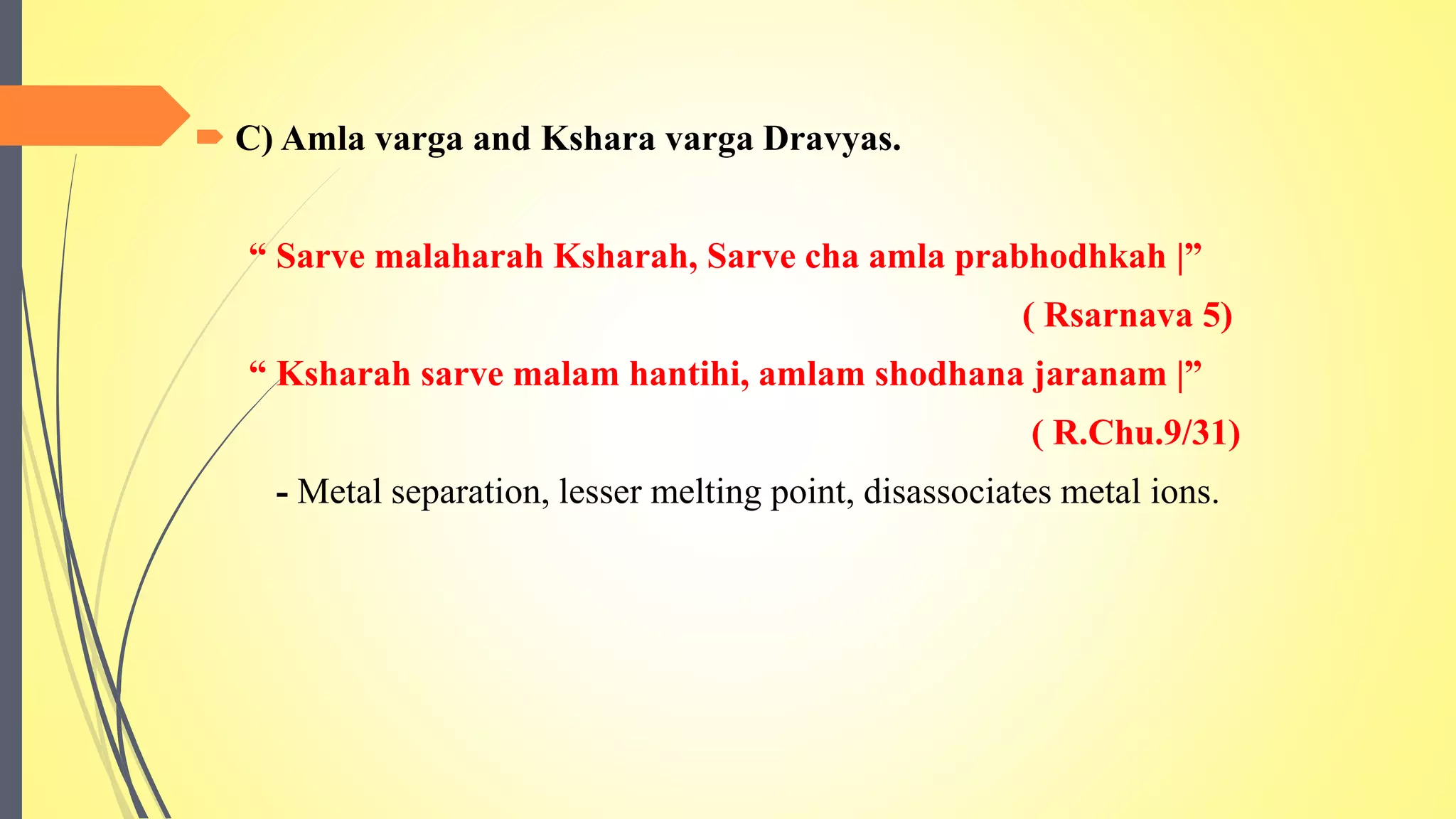  C) Amla varga and Kshara varga Dravyas.
“ Sarve malaharah Ksharah, Sarve cha amla prabhodhkah |”
( Rsarnava 5)
“ Ksharah sarve malam hantihi, amlam shodhana jaranam |”
( R.Chu.9/31)
- Metal separation, lesser melting point, disassociates metal ions.
 