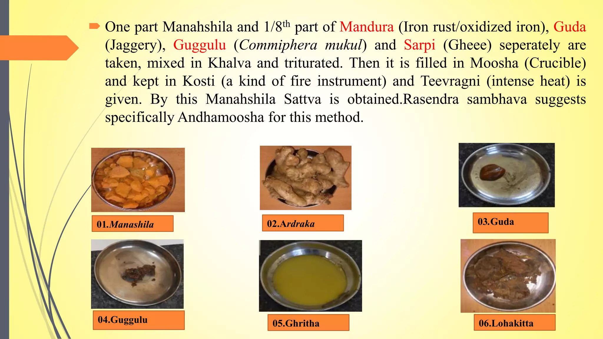  One part Manahshila and 1/8th part of Mandura (Iron rust/oxidized iron), Guda
(Jaggery), Guggulu (Commiphera mukul) and Sarpi (Gheee) seperately are
taken, mixed in Khalva and triturated. Then it is filled in Moosha (Crucible)
and kept in Kosti (a kind of fire instrument) and Teevragni (intense heat) is
given. By this Manahshila Sattva is obtained.Rasendra sambhava suggests
specifically Andhamoosha for this method.
01.Manashila 02.Ardraka 03.Guda
04.Guggulu 05.Ghritha 06.Lohakitta
 