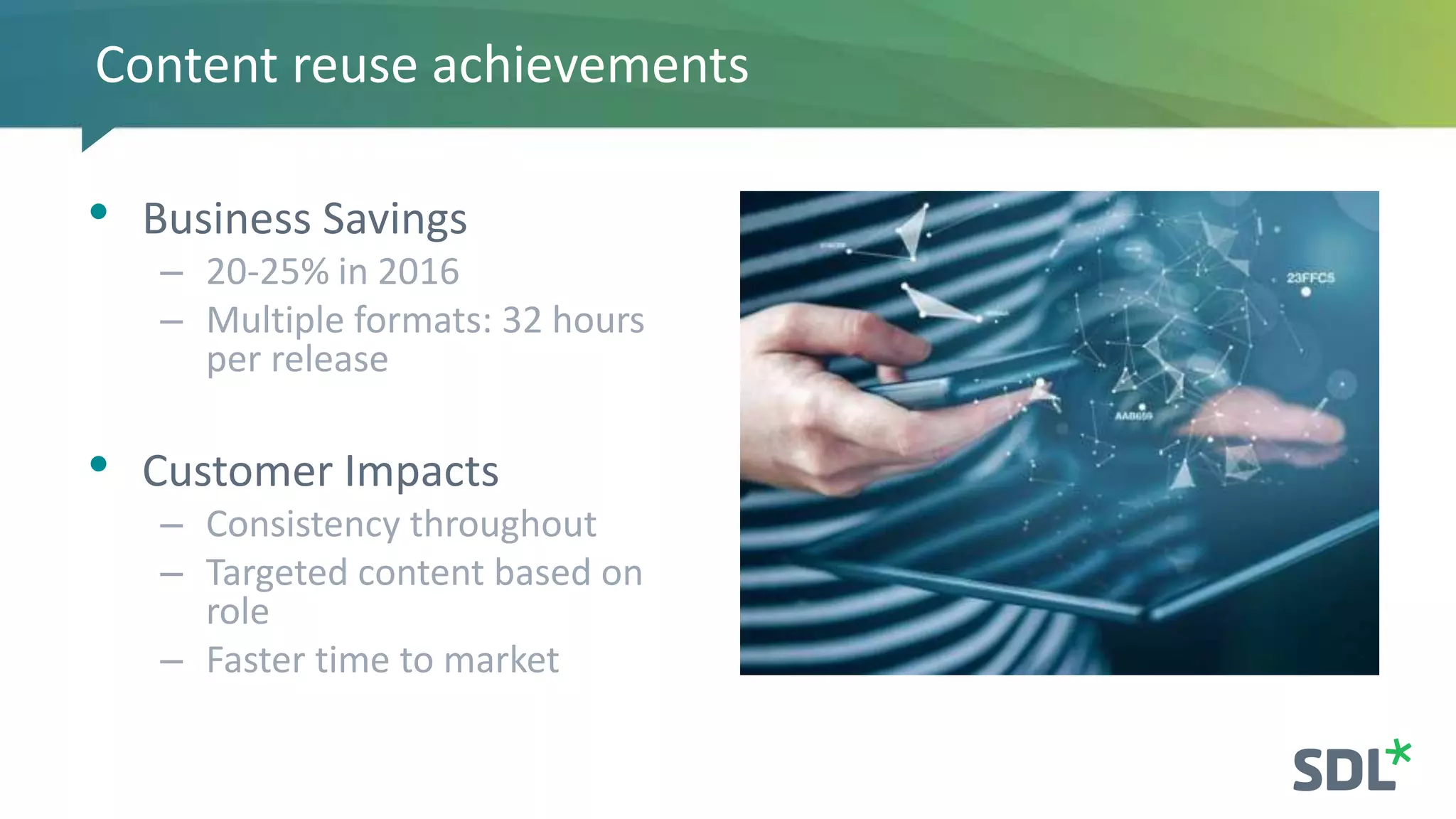 • Business Savings
– 20-25% in 2016
– Multiple formats: 32 hours
per release
• Customer Impacts
– Consistency throughout
– Targeted content based on
role
– Faster time to market
Content reuse achievements
 