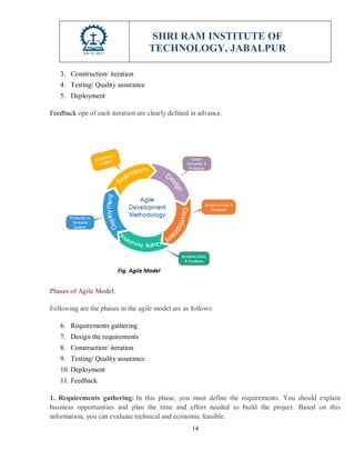 SHRI RAM INSTITUTE OF
TECHNOLOGY, JABALPUR
14
3. Construction/ iteration
4. Testing/ Quality assurance
5. Deployment
Feedback ope of each iteration are clearly defined in advance.
Phases of Agile Model:
Following are the phases in the agile model are as follows:
6. Requirements gathering
7. Design the requirements
8. Construction/ iteration
9. Testing/ Quality assurance
10. Deployment
11. Feedback
1. Requirements gathering: In this phase, you must define the requirements. You should explain
business opportunities and plan the time and effort needed to build the project. Based on this
information, you can evaluate technical and economic feasible.
 