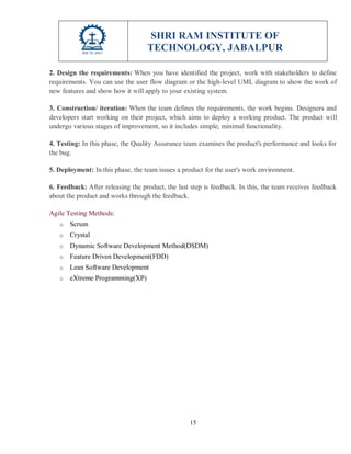 SHRI RAM INSTITUTE OF
TECHNOLOGY, JABALPUR
15
2. Design the requirements: When you have identified the project, work with stakeholders to define
requirements. You can use the user flow diagram or the high-level UML diagram to show the work of
new features and show how it will apply to your existing system.
3. Construction/ iteration: When the team defines the requirements, the work begins. Designers and
developers start working on their project, which aims to deploy a working product. The product will
undergo various stages of improvement, so it includes simple, minimal functionality.
4. Testing: In this phase, the Quality Assurance team examines the product's performance and looks for
the bug.
5. Deployment: In this phase, the team issues a product for the user's work environment.
6. Feedback: After releasing the product, the last step is feedback. In this, the team receives feedback
about the product and works through the feedback.
Agile Testing Methods:
o Scrum
o Crystal
o Dynamic Software Development Method(DSDM)
o Feature Driven Development(FDD)
o Lean Software Development
o eXtreme Programming(XP)
 