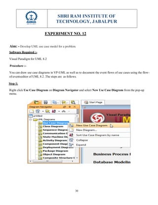 SHRI RAM INSTITUTE OF
TECHNOLOGY, JABALPUR
30
EXPERIMENT NO. 12
Aim: - Develop UML use case model for a problem.
Software Required :-
Visual Paradigm for UML 8.2
Procedure :-
You can draw use case diagrams in VP-UML as well as to document the event flows of use cases using the flow-
of-eventseditor of UML 8.2 .The steps are as follows.
Step 1:
Right click Use Case Diagram on Diagram Navigator and select New Use Case Diagram from the pop-up
menu.
 