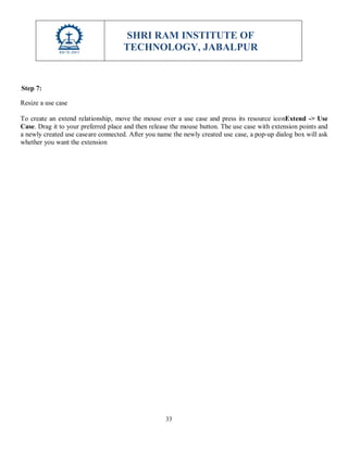 SHRI RAM INSTITUTE OF
TECHNOLOGY, JABALPUR
33
Step 7:
Resize a use case
To create an extend relationship, move the mouse over a use case and press its resource iconExtend -> Use
Case. Drag it to your preferred place and then release the mouse button. The use case with extension points and
a newly created use caseare connected. After you name the newly created use case, a pop-up dialog box will ask
whether you want the extension
 