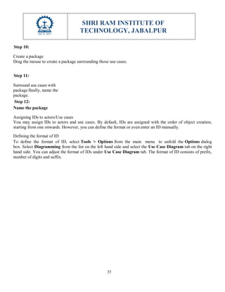SHRI RAM INSTITUTE OF
TECHNOLOGY, JABALPUR
35
Step 10:
Create a package
Drag the mouse to create a package surrounding those use cases.
Step 11:
Surround use cases with
package finally, name the
package.
Step 12:
Name the package
Assigning IDs to actors/Use cases
You may assign IDs to actors and use cases. By default, IDs are assigned with the order of object creation,
starting from one onwards. However, you can define the format or even enter an ID manually.
Defining the format of ID
To define the format of ID, select Tools > Options from the main menu to unfold the Options dialog
box. Select Diagramming from the list on the left hand side and select the Use Case Diagram tab on the right
hand side. You can adjust the format of IDs under Use Case Diagram tab. The format of ID consists of prefix,
number of digits and suffix.
 