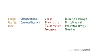 © Florian Vollmer 2015
Globalization &
Commodification
Design
Thinking and
(Co-) Creative
Processes
Leadership through
Marketing and
Integrative Design
Thinking
Design,
Quality,
Price
 