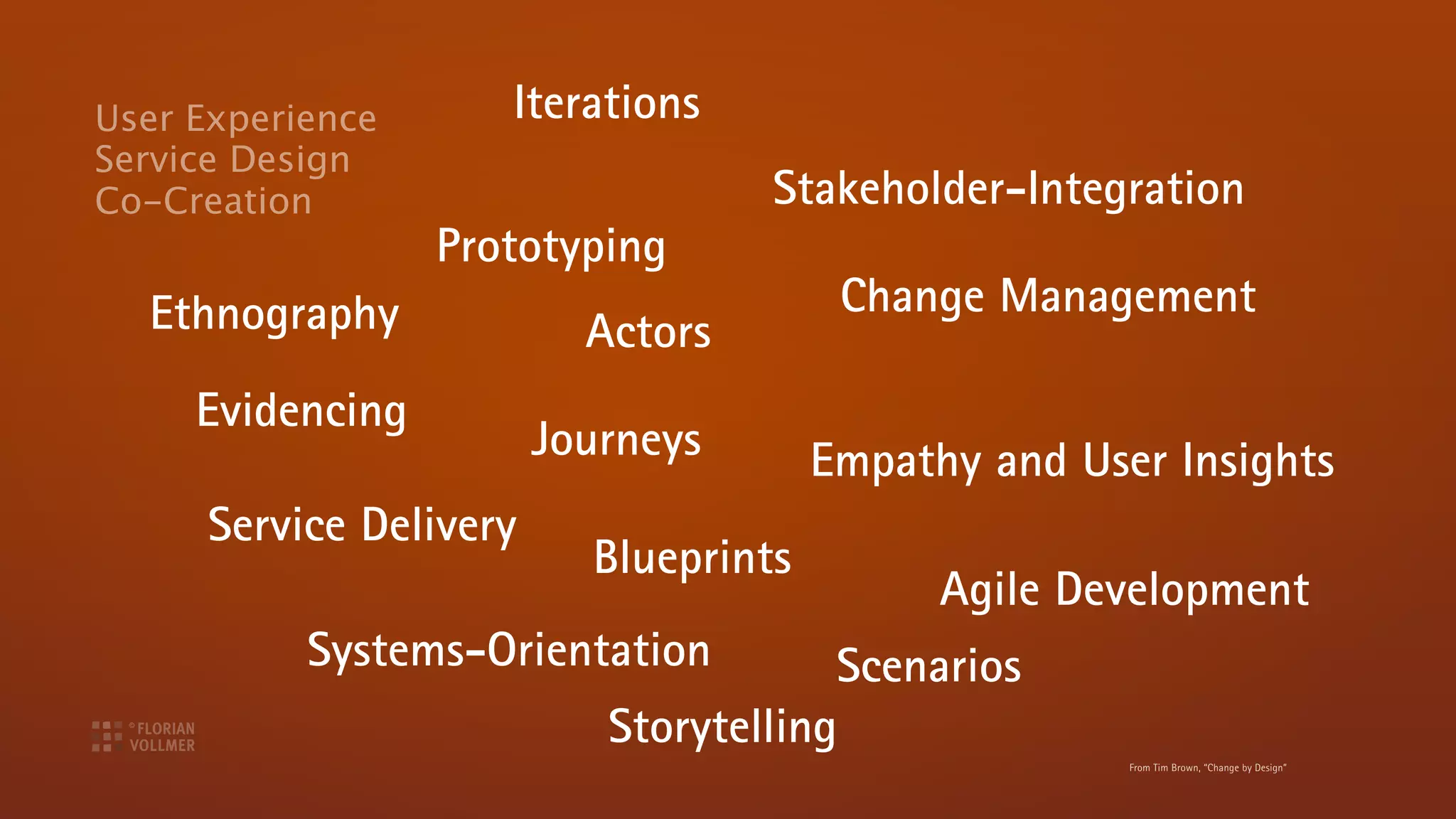 User Experience      Iterations
Service Design
Co-Creation                        Stakeholder-Integration
                  Prototyping
  Ethnography                           Change Management
                          Actors
     Evidencing
                        Journeys       Empathy and User Insights
     Service Delivery
                          Blueprints
                                             Agile Development
           Systems-Orientation         Scenarios
                           Storytelling
                                                      From Tim Brown, “Change by Design”
 