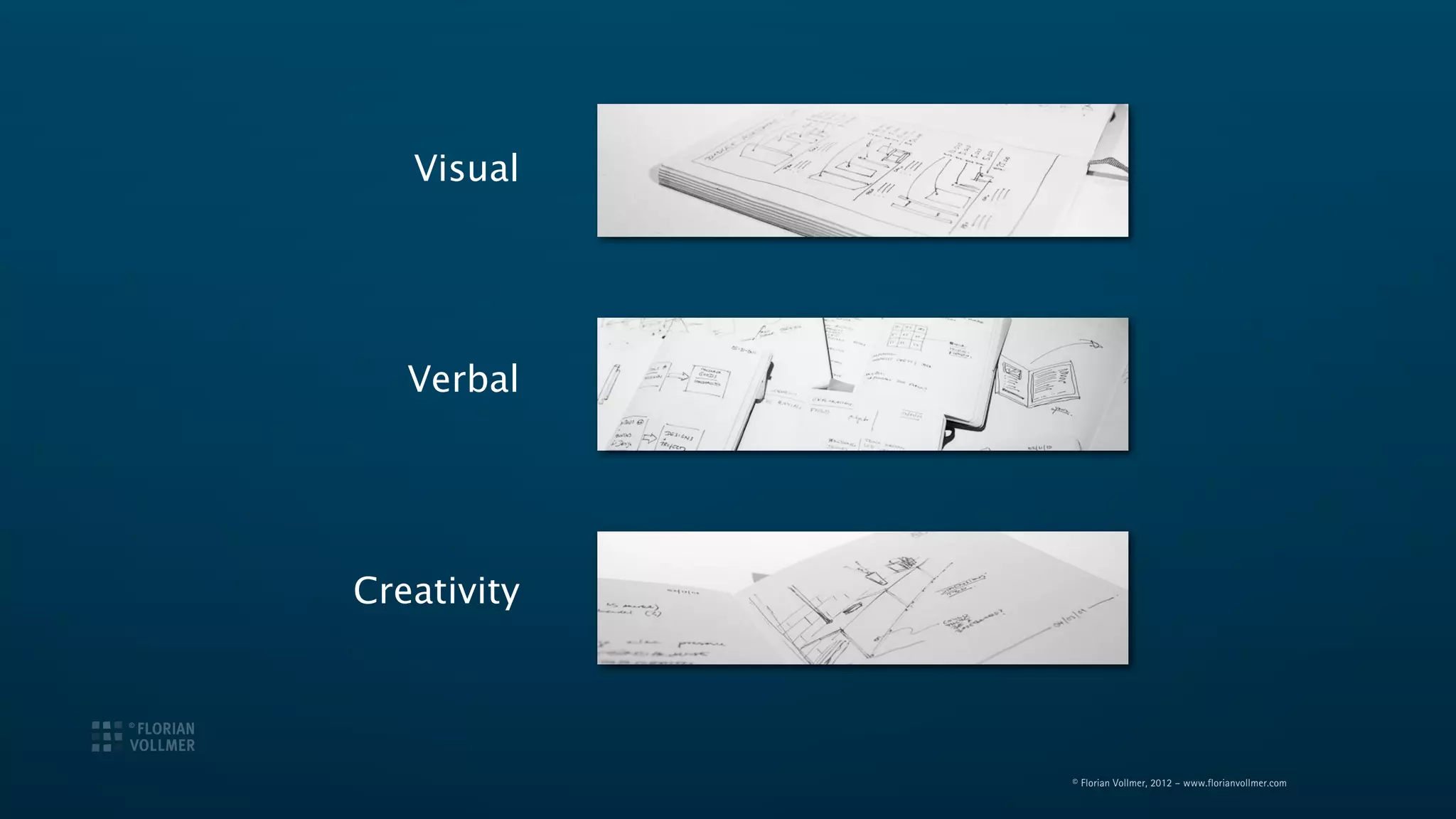Visual




   Verbal




Creativity




             © Florian Vollmer, 2012 – www.florianvollmer.com
 