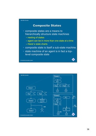 SAM 2000, Grenoble




                                   RPSRVLWH6WDWHV
       • composite states are a means to
         hierarchically structure state machines
              – nesting of states
              – agent can be in more than one state at a time
              – Harel´s state charts
       • composite state is itself a sub-state machine
       • state machine of an agent is in fact a top-
         level composite state
                                                                      71
© Humboldt-Universität zu Berlin




 SAM 2000, Grenoble
                                                  State1

                                                    St1

                                                  Sig3         Sig4
                    State1


                  Sig1                Sig2
                                                  State2
                                                                      P1
                                                                 P1
                                       State2
                      State2                        St1
                                       via P1
                                                  Sig3
                                                                           ex
                                             ex
                                                                  B
                      State1
                                                          ex
                                                                      72
© Humboldt-Universität zu Berlin




                                                                                36
 