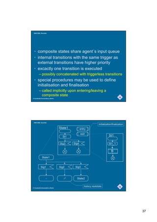 SAM 2000, Grenoble




 • composite states share agent´s input queue
 • internal transitions with the same trigger as
   external transitions have higher priority
 • excactly one transition is executed
         – possibly concatenated with triggerless transitions
 • special procedures may be used to define
   initialisation and finalisation
         – called implicitly upon entering/leaving a
           composite state                                                                73
© Humboldt-Universität zu Berlin




 SAM 2000, Grenoble
                                                                    initialization/finalization
                                   State1          entry
                                                   exit
                                     St1                                       St1

                                   Sig3     Sig4                               St1_1

                                                                                 B
             State1


           Sig1                    Sig2      Sig3



                   -                  -*      State2

                                                      history nextstate                   74
© Humboldt-Universität zu Berlin




                                                                                                  37
 