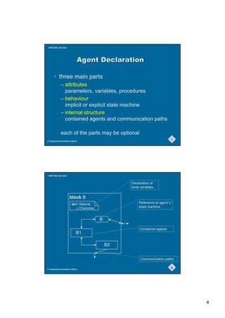 SAM 2000, Grenoble




                               $JHQW'HFODUDWLRQ

       • three main parts
              – attributes
                parameters, variables, procedures
              – behaviour
                implicit or explicit state machine
              – internal structure
                contained agents and communication paths

              each of the parts may be optional
                                                                                 7
© Humboldt-Universität zu Berlin




 SAM 2000, Grenoble



                                                     Declaration of
                                                     local variables


                       block B
                          dcl i Natural,                  Reference to agent´s
                             c Character;                 state machine


                                            B

                                                          Contained agents
                              B1

                                                B2


                                                           Communication paths

                                                                                 8
© Humboldt-Universität zu Berlin




                                                                                     4
 