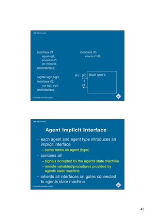 SAM 2000, Grenoble




       interface if1;                      interface if3
              signal sig1;                     inherits if1,if2;
              procedure P;
              dcl I Natural;
       endinterface;

                                   [if1]    [if2]   block type b
       signal sig2,sig3;
       interface if2;                        g
              use sig2, sig3;               if3
       endinterface;

                                                                   81
© Humboldt-Universität zu Berlin




 SAM 2000, Grenoble




                    $JHQW,PSOLFLW,QWHUIDFH
       • each agent and agent type introduces an
         implicit interface
              – same name as agent (type)
       • contains all
              – signals accepted by the agents state machine
              – remote variables/procedures provided by
                agents state machine
       • inherits all interfaces on gates connected
         to agents state machine
                                                                   82
© Humboldt-Universität zu Berlin




                                                                        41
 