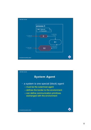 SAM 2000, Grenoble




                                    process B
                                     dcl i Natural,
                                        c Character;


                                             B


                                                       B1


                                              B2



                                                            15
© Humboldt-Universität zu Berlin




 SAM 2000, Grenoble




                                   6VWHP$JHQW

       • a system is one special (block) agent
              – must be the outermost agent
              – defines the border to the environment
              – can define communication primitives
                exchanged with the environment




                                                            16
© Humboldt-Universität zu Berlin




                                                                 8
 