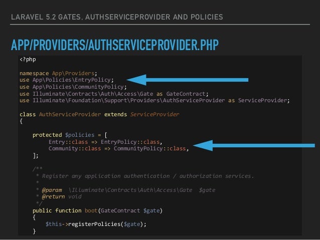 Laravel 5.2 Gates, AuthServiceProvider and Policies