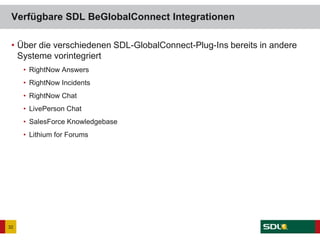• Über die verschiedenen SDL-GlobalConnect-Plug-Ins bereits in andere
Systeme vorintegriert
• RightNow Answers
• RightNow Incidents
• RightNow Chat
• LivePerson Chat
• SalesForce Knowledgebase
• Lithium for Forums
Verfügbare SDL BeGlobalConnect Integrationen
32
 