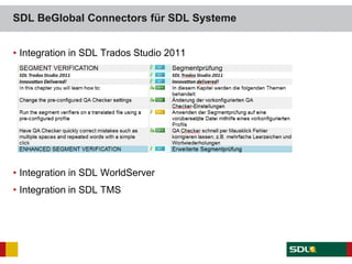SDL BeGlobal Connectors für SDL Systeme
• Integration in SDL Trados Studio 2011
• Integration in SDL WorldServer
• Integration in SDL TMS
 