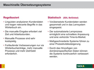 Regelbasiert
• Linguisten analysieren Kundendaten
und tragen relevante Begriffe in das
Wörterbuch ein.
• Die manuelle Eingabe erfordert viel
Zeit und Arbeitsstunden.
• Manuelle Prozesse sind sehr
kostspielig.
• Fortlaufende Verbesserungen nur via
Wörterbucheinträge, mehr manuelle
Prozesse und mehr Zeit/Geld
erforderlich.
Statistisch (SDL BeGlobal)
• Vorübersetzte Kundendaten werden
gesammelt und in das Lernsystem
eingespeist.
• Der automatisierte Lernprozess
ermöglicht eine schnellere Anpassung
und eine verkürzte Time-to-Market.
• Maßgeschneiderte Systeme führen zu
einer Produktivitätssteigerung.
• Durch das Hinzufügen von
domänenspezifischen Daten können
die Systeme kontinuierlich verbessert
werden.
Maschinelle Übersetzungssysteme
4
 