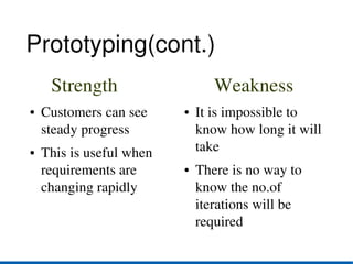 Prototyping(cont.)
      Strength                     Weakness
●   Customers can see      ●   It is impossible to 
    steady progress            know how long it will 
●   This is useful when        take
    requirements are       ●   There is no way to 
    changing rapidly           know the no.of 
                               iterations will be 
                               required
 