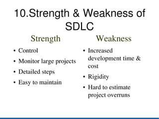 10.Strength & Weakness of 
          SDLC
          Strength                   Weakness
●   Control                  ●   Increased 
●   Monitor large projects       development time & 
                                 cost
●   Detailed steps
                             ●   Rigidity
●   Easy to maintain
                             ●   Hard to estimate 
                                 project overruns
 