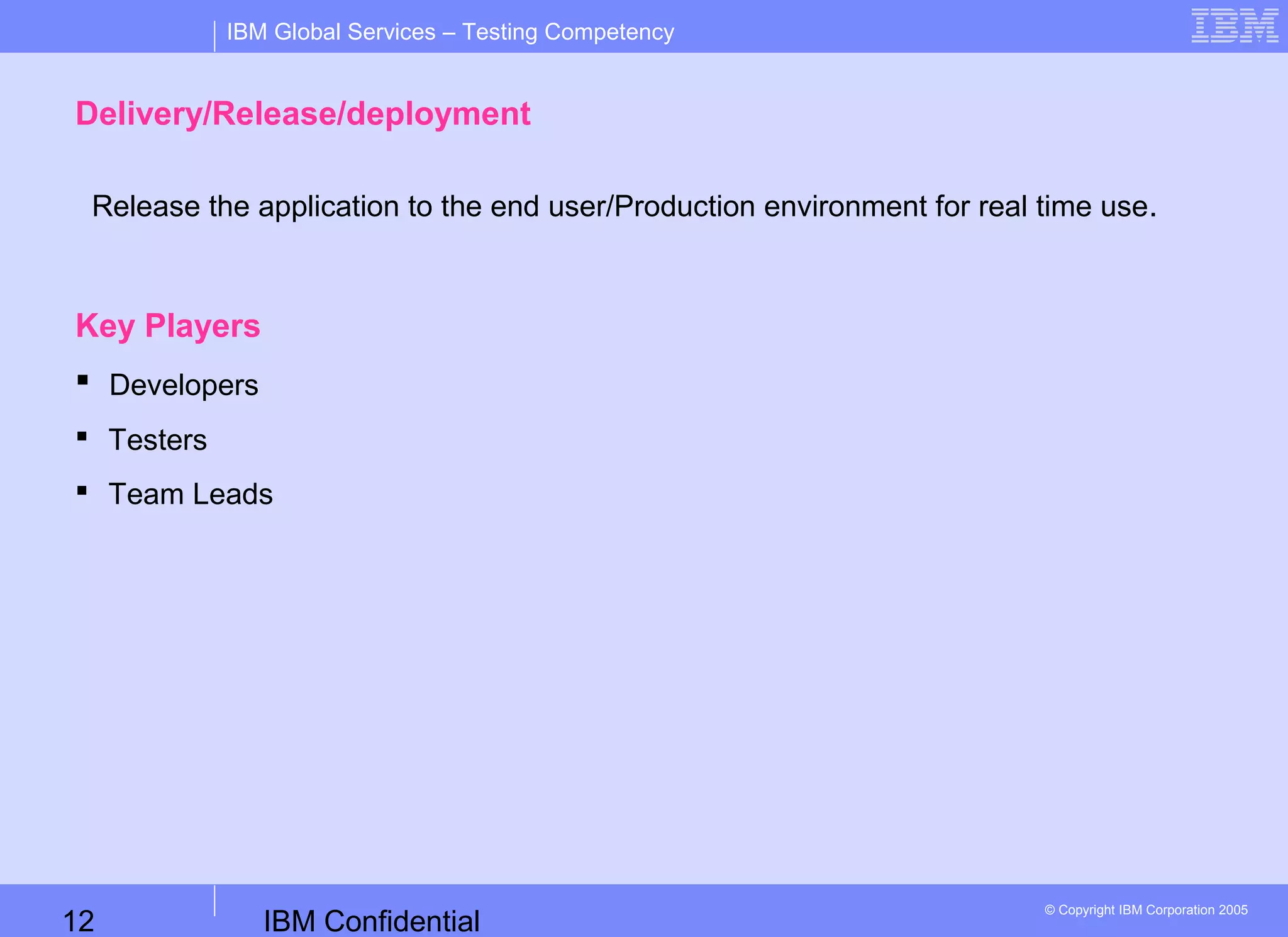 IBM Confidential12
IBM Global Services – Testing Competency
© Copyright IBM Corporation 2005
Delivery/Release/deployment
Release the application to the end user/Production environment for real time use.
Key Players
 Developers
 Testers
 Team Leads
 