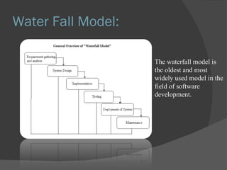 Water Fall Model: The waterfall model is the oldest and most widely used model in the field of software development.  