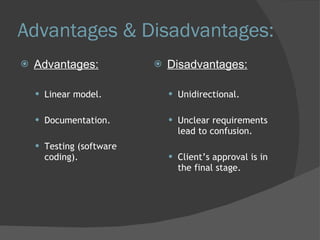 Advantages & Disadvantages: Advantages: Linear model. Documentation.  Testing (software coding). Disadvantages: Unidirectional. Unclear requirements lead to confusion. Client’s approval is in the final stage. 