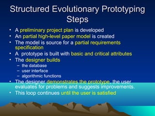 Structured Evolutionary Prototyping
Steps
• A preliminary project plan is developed
• An partial high-level paper model is created
• The model is source for a partial requirements
specification
• A prototype is built with basic and critical attributes
• The designer builds
– the database
– user interface
– algorithmic functions

• The designer demonstrates the prototype, the user
evaluates for problems and suggests improvements.
• This loop continues until the user is satisfied

 