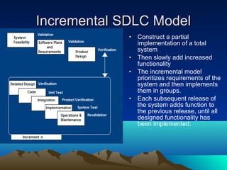 Incremental SDLC Model
•
•
•

•

Construct a partial
implementation of a total
system
Then slowly add increased
functionality
The incremental model
prioritizes requirements of the
system and then implements
them in groups.
Each subsequent release of
the system adds function to
the previous release, until all
designed functionality has
been implemented.

 