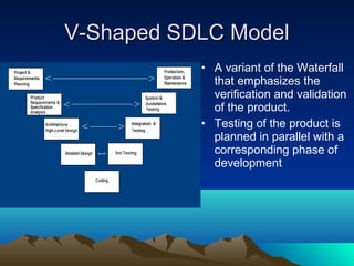 V-Shaped SDLC Model
• A variant of the Waterfall
that emphasizes the
verification and validation
of the product.
• Testing of the product is
planned in parallel with a
corresponding phase of
development

 