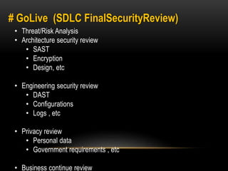 # GoLive (SDLC FinalSecurityReview) 
• Threat/Risk Analysis 
• Architecture security review 
• SAST 
• Encryption 
• Design, etc 
• Engineering security review 
• DAST 
• Configurations 
• Logs , etc 
• Privacy review 
• Personal data 
• Government requirements , etc 
• Business continue review 
 