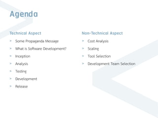 Agenda
Technical Aspect
> Some Propaganda Message
> What is Software Development?
> Inception
> Analysis
> Testing
> Development
> Release
Non-Technical Aspect
> Cost Analysis
> Scaling
> Tool Selection
> Development Team Selection
 