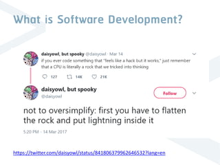 What is Software Development?
https://twitter.com/daisyowl/status/841806379962646532?lang=en
 