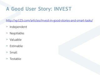 A Good User Story: INVEST
http://xp123.com/articles/invest-in-good-stories-and-smart-tasks/
> Independent
> Negotiable
> Valuable
> Estimable
> Small
> Testable
 