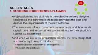 SDLC STAGES
1. GATHERING REQUIREMENTS & PLANNING
▪Project planning is a vital role in the software delivery lifecycle
since this is the part where the team estimates the cost and
defines the requirements of the new software.
▪The awareness of our customer’s requirements and how much
capital, time, and resources we can contribute to their product’s
success is also gathered.
▪And when we are in the preparation process, the three things that
are mandatory to keep in mind are:
✓Identification of the system for development
✓Creation of project plan
PREPARED BY: SAGAR POKHREL, CS FACULTY
Project
Planning
Analysis
Design
and
Prototypi
ng
Software
Developm
ent
Testing
Software
Deployme
nt
Operatio
ns and
Maintena
nce
 