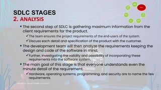 SDLC STAGES
2. ANALYSIS
▪ The second step of SDLC is gathering maximum information from the
client requirements for the product.
✓The team ensures the project requirements of the end-users of the system.
✓Discuss each detail and specification of the product with the customer.
▪ The development team will then analyze the requirements keeping the
design and code of the software in mind.
✓Further, investigating the validity and possibility of incorporating these
requirements into the software system.
▪ The main goal of this stage is that everyone understands even the
minute detail of the requirement.
✓Hardware, operating systems, programming, and security are to name the few
requirements.
PREPARED BY: SAGAR POKHREL, CS FACULTY
Project
Planning
Analysis
Design
and
Prototypi
ng
Software
Developm
ent
Testing
Software
Deployme
nt
Operatio
ns and
Maintena
nce
 