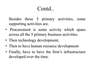 Contd..
Besides these 5 primary activities, some
supporting activities are.
• Procurement is some activity which spans
across all the 5 primary business activities.
• Then technology development,
• Then to have human resource development
• Finally, have to have the firm’s infrastructure
developed over the time.
 