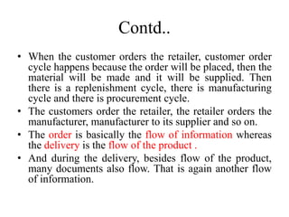 Contd..
• When the customer orders the retailer, customer order
cycle happens because the order will be placed, then the
material will be made and it will be supplied. Then
there is a replenishment cycle, there is manufacturing
cycle and there is procurement cycle.
• The customers order the retailer, the retailer orders the
manufacturer, manufacturer to its supplier and so on.
• The order is basically the flow of information whereas
the delivery is the flow of the product .
• And during the delivery, besides flow of the product,
many documents also flow. That is again another flow
of information.
 