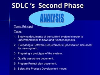 Tools: Principal
Tasks:
1. Studying documents of the current system in order to
understand both its flaws and functional points.
2. Preparing a Software Requirements Specification document
for new system.
3. Preparing a prototype of the system.
4. Quality assurance document.
5. Prepare Project plan document.
6. Select the Process Development model.
SDLC ’s Secon
SDLC ’s Second Phase
d Phase
 