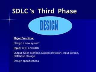 SDLC ’s Third Phase
SDLC ’s Third Phase
Major Function:
Design a new system
Input: BRS and SRS
Output: User interface, Design of Report, Input Screen,
Database storage
Design specifications
 