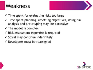 Weakness
 Time spent for evaluating risks too large
 Time spent planning, resetting objectives, doing risk
analysis and prototyping may be excessive
 The model is complex
 Risk assessment expertise is required
 Spiral may continue indefinitely
 Developers must be reassigned
 